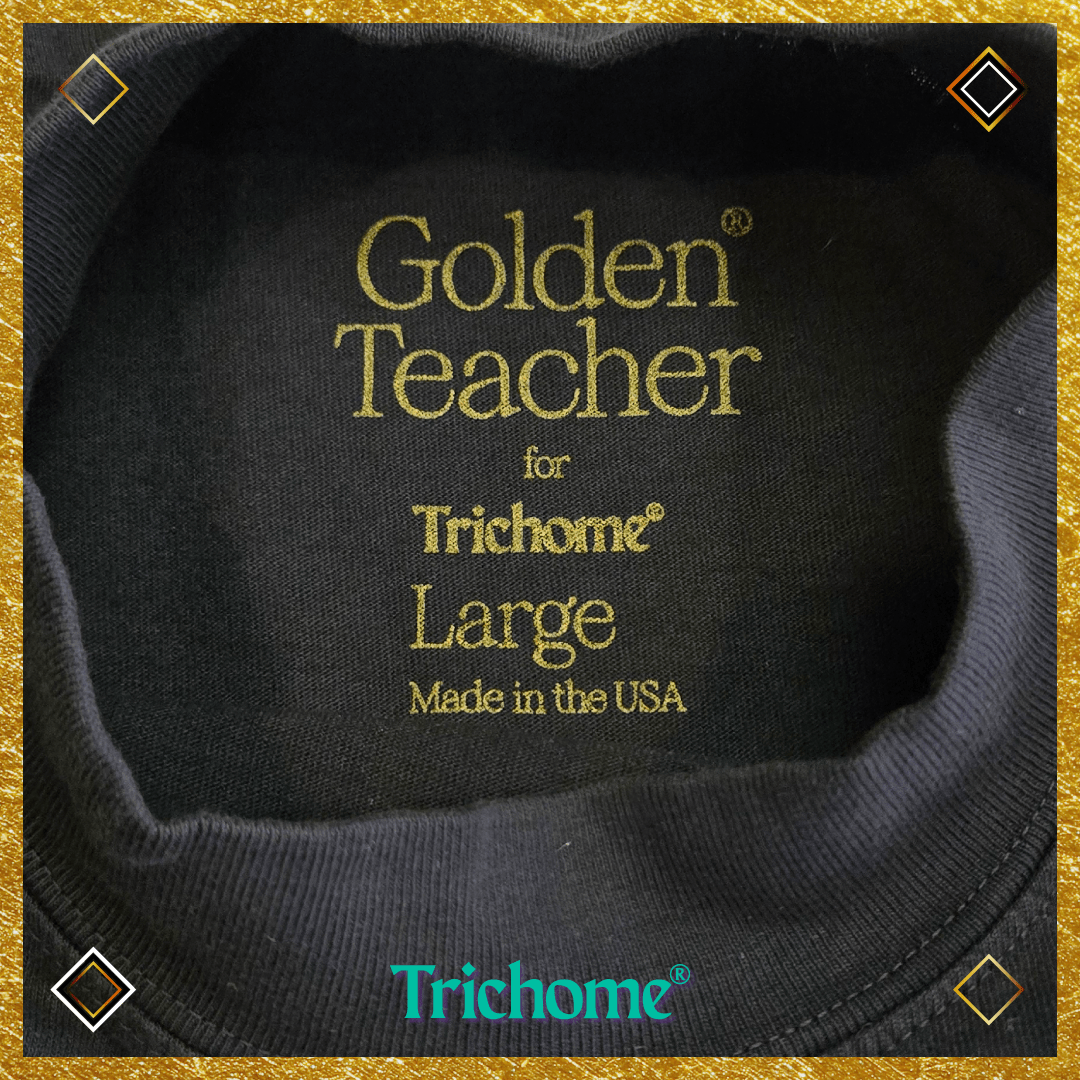 Golden Teacher Calligraphy Mock Neck Oversized SS Tee - Trichome Seattle - Golden Teacher - Clothing